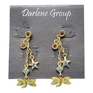 Darlene Group Gold Toned Post Dangle Earrings Enamel Dragonfly Star Rhinestone A